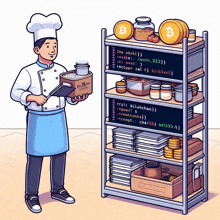 a cartoon of a chef standing next to a shelf full of food and coins