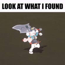 a cartoon character holding a sword and shield with the words look at what i found on the bottom
