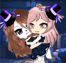 two anime girls are hugging each other and one has a top hat on her head