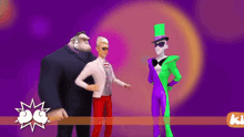 a group of cartoon characters are standing next to each other on a purple background