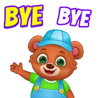 a cartoon teddy bear wearing overalls and a hat says bye bye