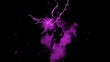 a silhouette of a person surrounded by purple smoke and lightning bolts