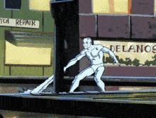 a cartoon of a man riding a surfboard in front of a building that says itch repair