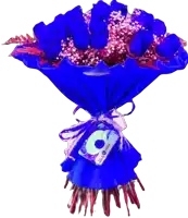 a bouquet of blue roses and pink baby 's breath is wrapped in a blue wrapper