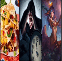 a collage of three images shows a clock and a sandwich