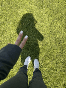 a person standing in the grass with their shadow of a person on the grass