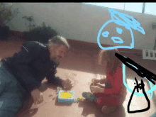 a man and a little girl are playing a game with a drawing of a face in the background