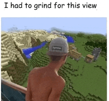 a shirtless man wearing a supreme hat is standing on a balcony looking out over a minecraft world .