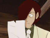 a cartoon character with red hair holds a piece of paper