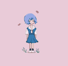 a pixel art of a girl with blue hair and butterflies flying around her