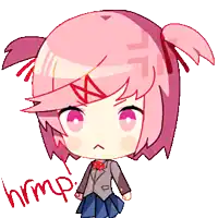 a cartoon of a girl with pink hair and the word hrmp written next to her