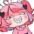 a pixel art drawing of a girl with pink hair and hearts on her ears .