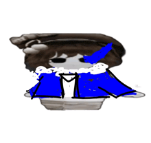 a drawing of a person wearing a blue jacket with a letter m on it