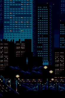 a pixel art illustration of a city at night