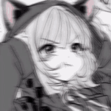 a black and white drawing of a girl wearing a cat ear hoodie .