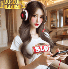 a girl wearing headphones and a shirt that says slo on it