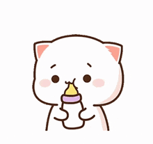 a cartoon cat is holding a baby bottle in its mouth .