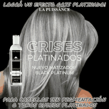 a bottle of grises platinados shampoo next to a woman with gray hair