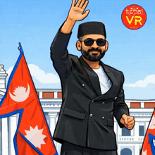 a cartoon of a man with a beard wearing sunglasses and a black hat waving