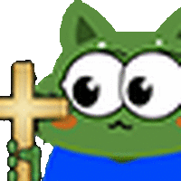 a green cartoon cat is holding a cross in its mouth .