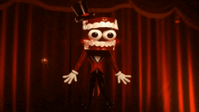 a cartoon character with teeth on his head is standing in front of a red curtain with the words sh..hut up.. below him
