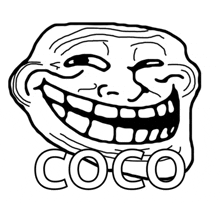 a black and white drawing of a troll face and the word coco