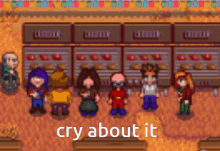 a group of people standing in front of a display of food with the words cry about it above them