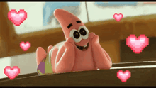 patrick star from spongebob squarepants is laying on the floor with hearts around him .