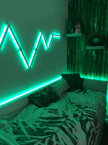 a bed in a room with a green light on the wall