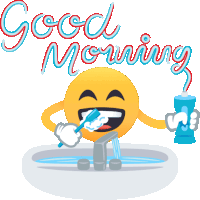 a smiley face is brushing his teeth in a sink with the words good morning written above him