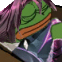 a close up of a green frog with purple hair and a purple shirt .