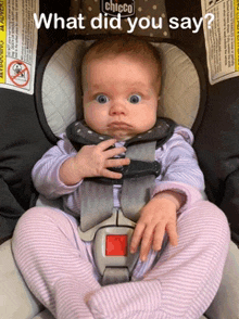 a baby is sitting in a car seat with the words what did you say above it