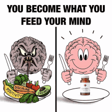 a cartoon brain holding a knife and fork next to a bottle of estradiol