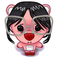 a cartoon drawing of a pink bear wearing glasses and a red nose