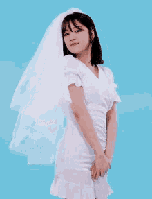 a woman wearing a white dress and veil is standing in front of a blue background .