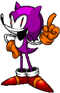 a pixel art of a purple sonic the hedgehog pointing up .