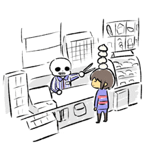 a drawing of a skeleton holding a pair of scissors and a girl standing next to him .