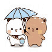 a panda bear holding an umbrella next to a brown bear .