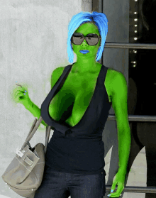 a woman with green skin and blue hair has a purse