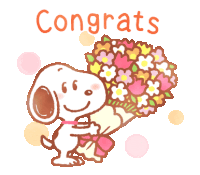 a cartoon of snoopy holding a bouquet of flowers with the words congrats behind him