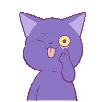 a purple cat with a yellow eye is sticking out its tongue and making a funny face