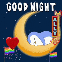 a penguin sleeping on a crescent moon with a sign that says ally