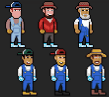 a pixel art drawing of a man wearing overalls and hats