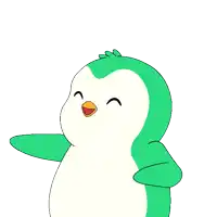 a green and white penguin is blowing a bubble with its beak