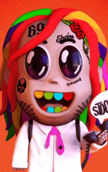 a cartoon character with rainbow hair and sixnine tattoo on his face