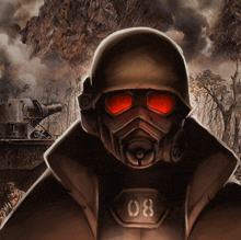 a soldier wearing a gas mask with the number 08 on his chest
