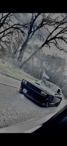 a black and white dodge challenger is driving down a road with trees in the background