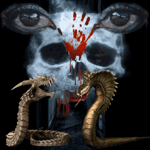 a skull with blood coming out of it is behind two snakes