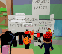 a group of roblox characters are standing in front of a sign that says " ware lolxd "