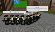 a group of soldiers are standing in a line and one of them has a long live sign on their head